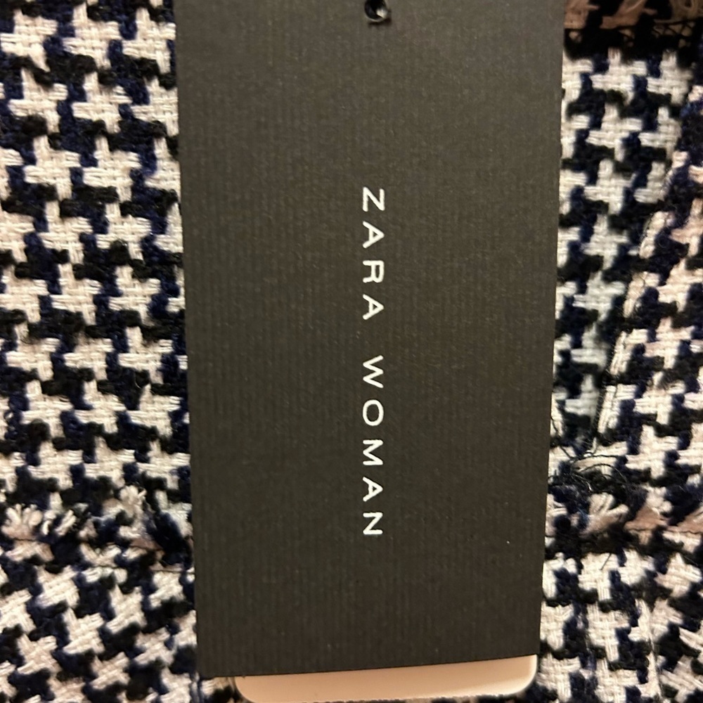 Zara Navy & Cream Fringed Houndstooth Pullover Knitted Shirt Sz L NWT! - Picture 15 of 16